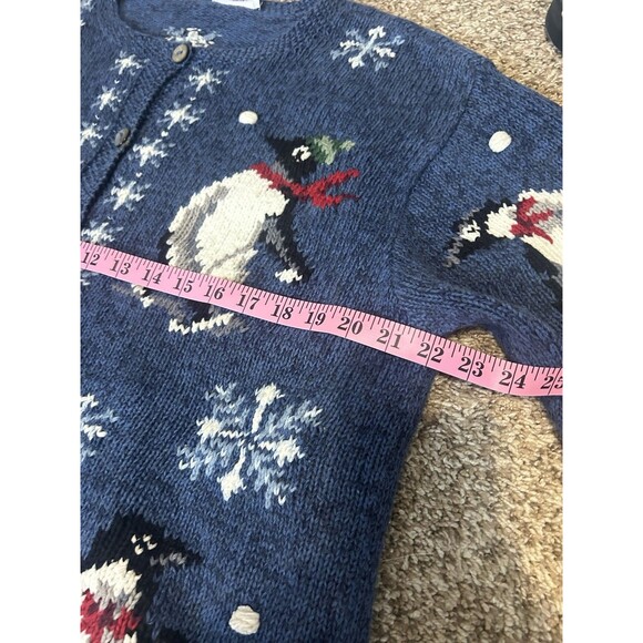 Vintage Talbots Womens Cardigan Large Blue Hand Knit Penguin Sweater Snow Winter - Picture 7 of 9